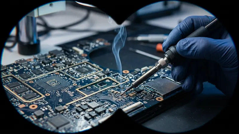 Laptop alaplap javítása forrasztópákával, mikroszkóp alatt